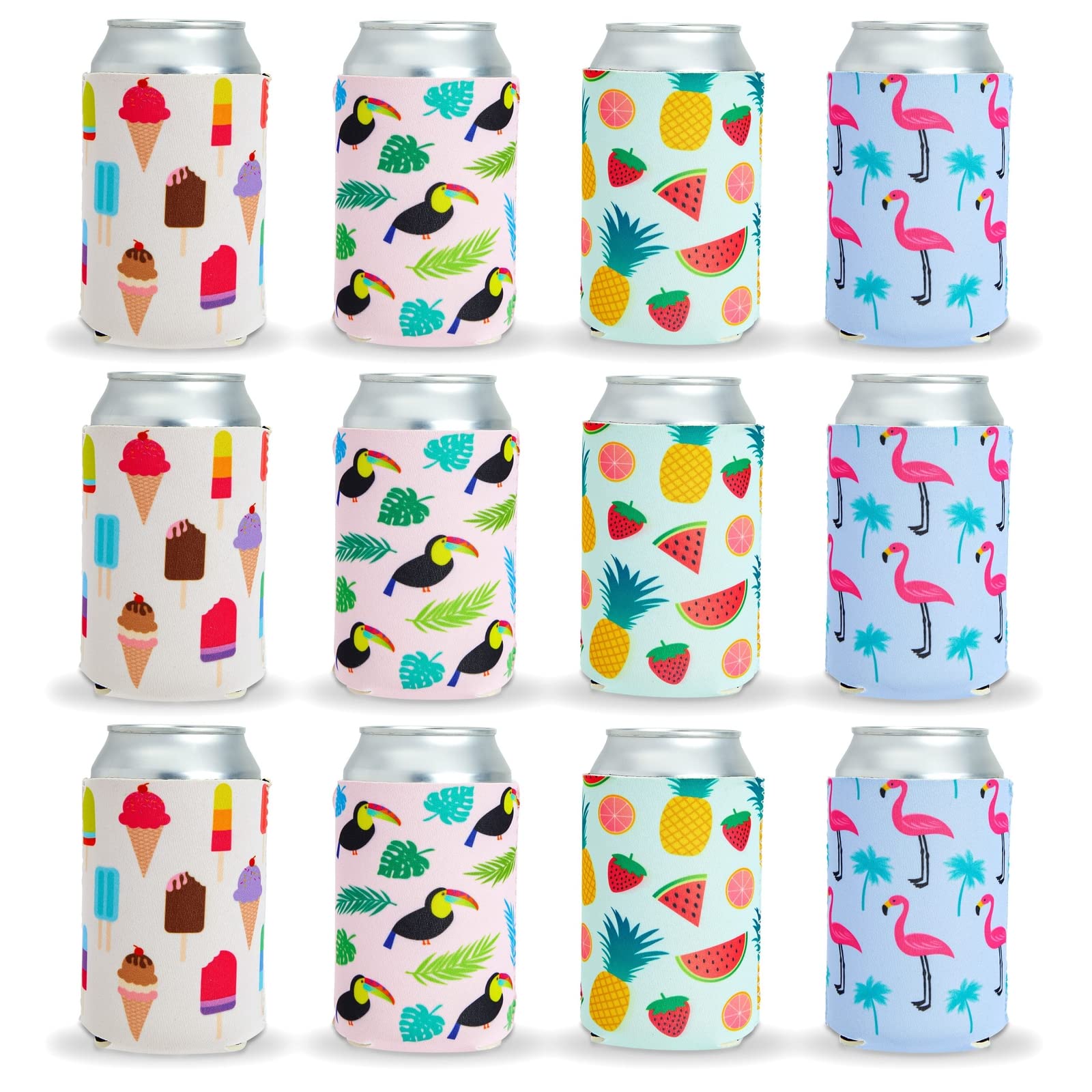 12 Pack Tropical Neoprene Can Cooler Sleeves for Beer, Bottles, Soft Drinks, Soda Covers for Beach, Summer Pool Parties (4 Designs, 12 oz)
