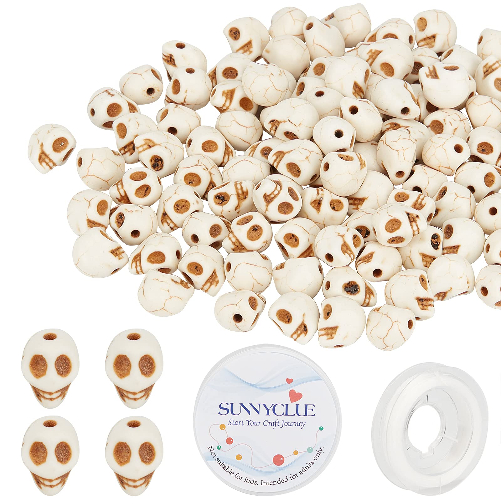 SUNNYCLUE 1 Box 100Pcs Skull Synthetic Turquoise Beads Turquoise Skull Head Loose Spacer Bead Charm for DIY Jewerly Making Necklace Bracelet Earrings, Antique White โ image 1