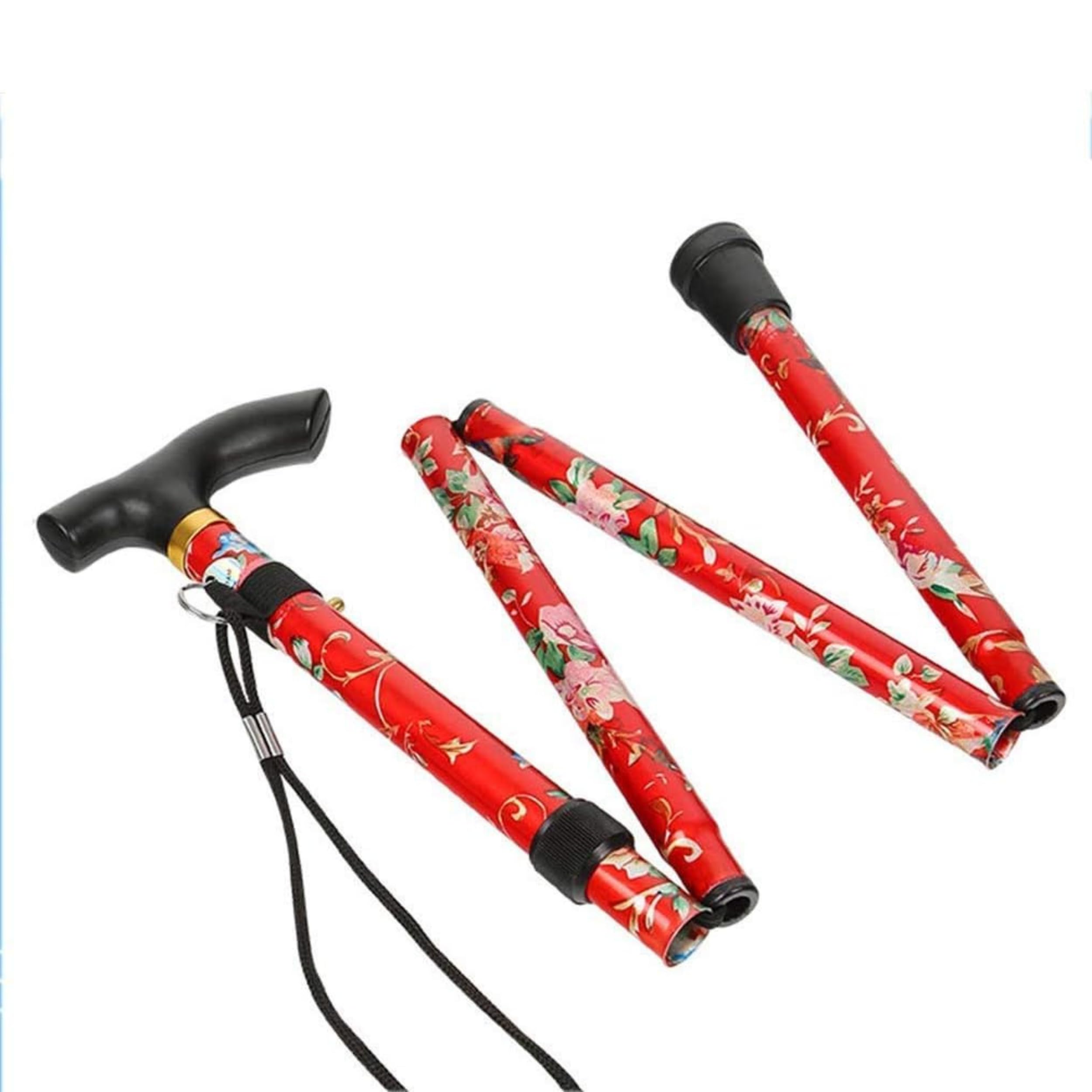 Glamified - Adjustable Folding Walking Stick, Portable Cane with Ergonomic Handle, Non-Slip Base, Lightweight, Height Adjustable (Red Flowers)
