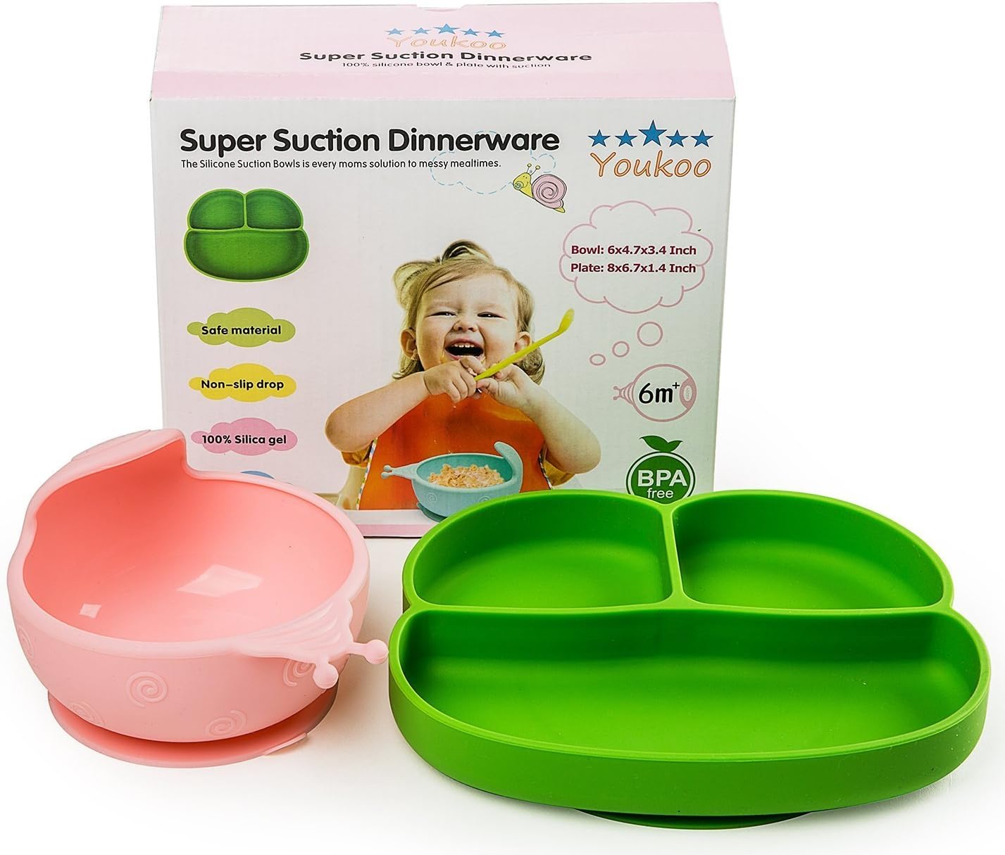Silicone Baby Feeding Dinnerware Set, Toddler Kids Suction Bowl & Plate (Pink)