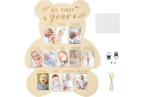 Febvao 12 Monthly Picture Frame,One Year Birthday Wooden Photo Board, My First Year Milestone Photo Board Baby First year Wood Sign (Bear)