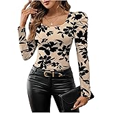 SweatyRocks Women's Puff Long Sleeve Floral T Shirts Square Neck Slim Fitted Top Fall Clothes