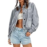 D Pastizales Womens Cropped Faux Suede Jacket Puffed Long Sleeve Stand Collar Button Down Pilot Jackets Coat