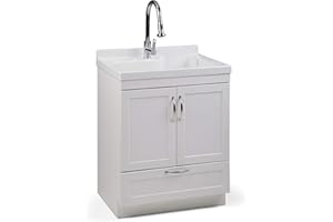 SIMPLIHOME Maile Transitional 28 Inch Laundry Cabinet with Pull-out Faucet and ABS Sink in Pure White, For the Laundry Room and Utility Room