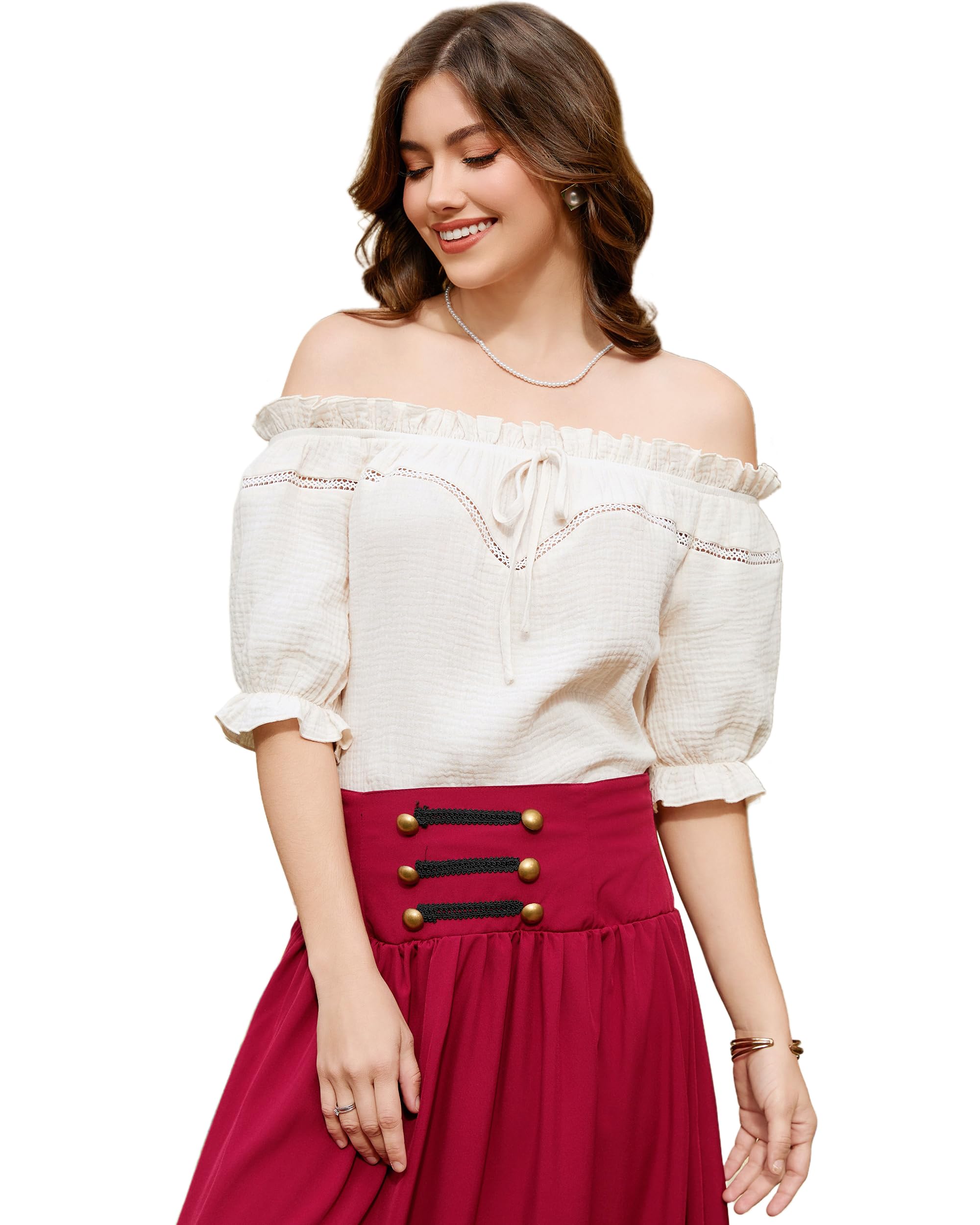 LUYANA Women's Renaissance Shirt Off Shoulder Puff Short Sleeve Medieval Bouse Summer Tops Khaki 2XL