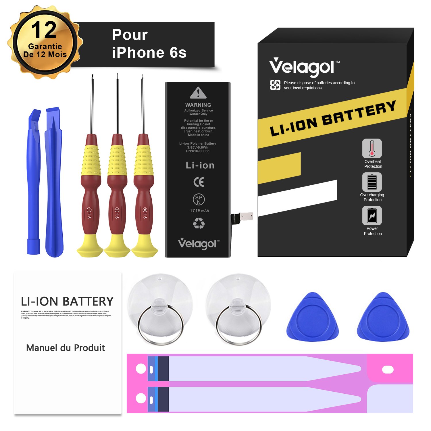 Velagol Batterie Interne Pour iPhone 6S Batterie 1715mAh Batterie en Lithium-Ion Rechargeable de Remplacement Pour iPhone 6S avec Kit d\'outils Carte de Garantie inclus (pas pour iPhone 6)