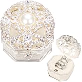BEAUTY NEST 3 Ring Box for Wedding Ceremony, Engagement Proposal, 3 Slots | Ring Bearer Boxes Vintage Unique Ring Holders Valentines Day White Diamond&amp;Pearl Crystal