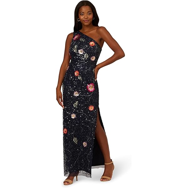 Amazon.com: Adrianna Papell Women's One Shoulder Bead Long Dress, Dusty  Navy, 12 : Clothing, Shoes & Jewelry