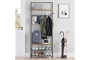 4-in-1 Entryway Hall Tree with Shoe Bench, 5 Hooks, Storage, Sturdy Metal Frame, Freestanding Industrial Coat Rack Organizer,