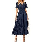 Simplee Womens Summer Denim Dress Casual Short Sleeve V Neck Empire Waist Boho Flowy Western Jean Maxi Dresses with Pockets