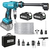 SEESII Cordless Pressure Washer 1500PSI, Portable Power Washer | High Pressure, 2x4000mAh Batteries, Brushless Motor, 27FT Hose &amp; 6-in-1 Nozzle for Car, Driveway, Garden, Patio &amp; Fence