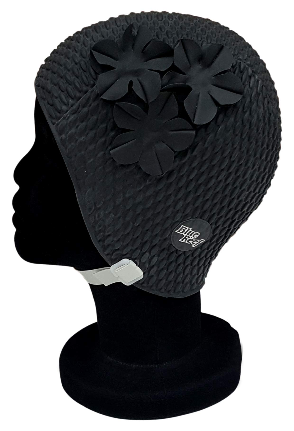 Blue Reef Oslo Bubble Solid Colour Floral Ladies Classic Retro 3 Flower Group Understated Tone On Tone 3D Petal Stylish Vintage Swimming Hat Swim Cap One Size Adults With Adjustable Strap (Black)