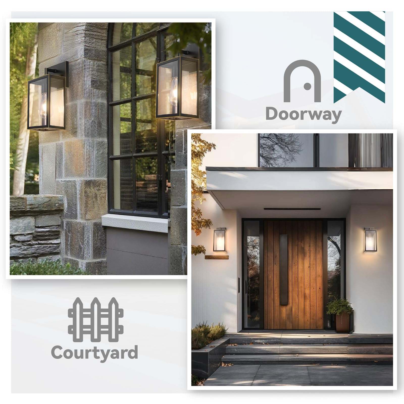 imizdlum Outdoor Wall Light Fixture, Black Exterior Lantern with Clear Tempered Glass for Front Porch, Gold Trim Design, 2-Pack, E26 Base, Lanterns for Lighting, Lights for Wall mounting