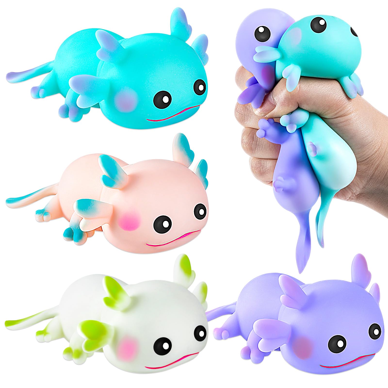 4PCS Axolotl Sensory Fidget Toy Stress Relief Squeeze Axolotl, Cute Axolotl Animal Toys Bulk for Kids Adults Gift Birthday Festival Party Favors (4 Colors)