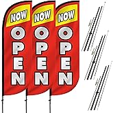 LookOurWay Feather Flag Pole Kit 3-Pack Bundle - 7ft Tall Grand Opening Advertising Banners with Poles and Ground Spikes - Now Open Red & Yellow