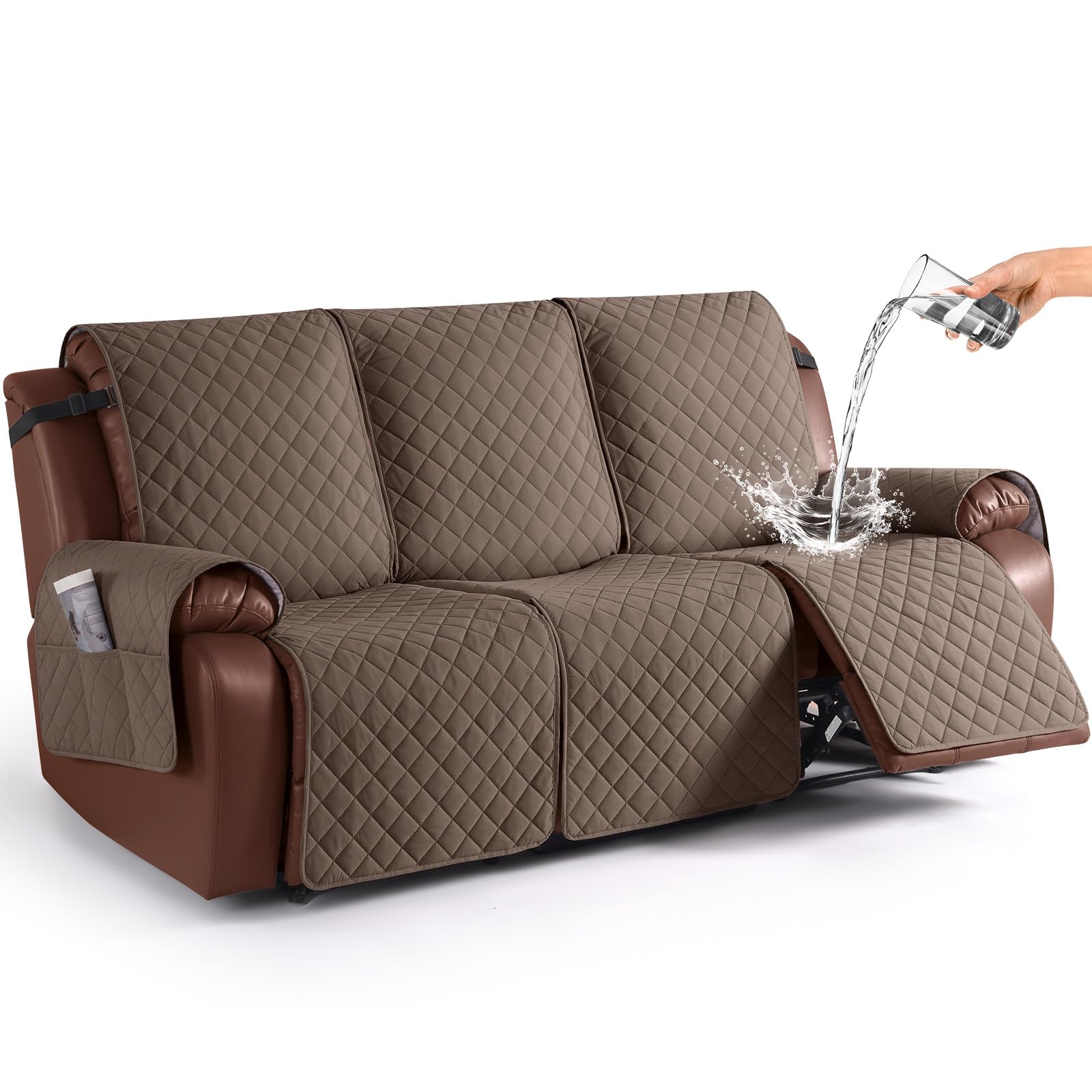 Photo 1 of KinCam 100% Waterproof Recliner Couch Covers, Non-Slip Reclining Sofa Covers for 3 Seater, Recliner Couch Cover Furniture Protector with Elastic Straps for Pets, Kids, Brown