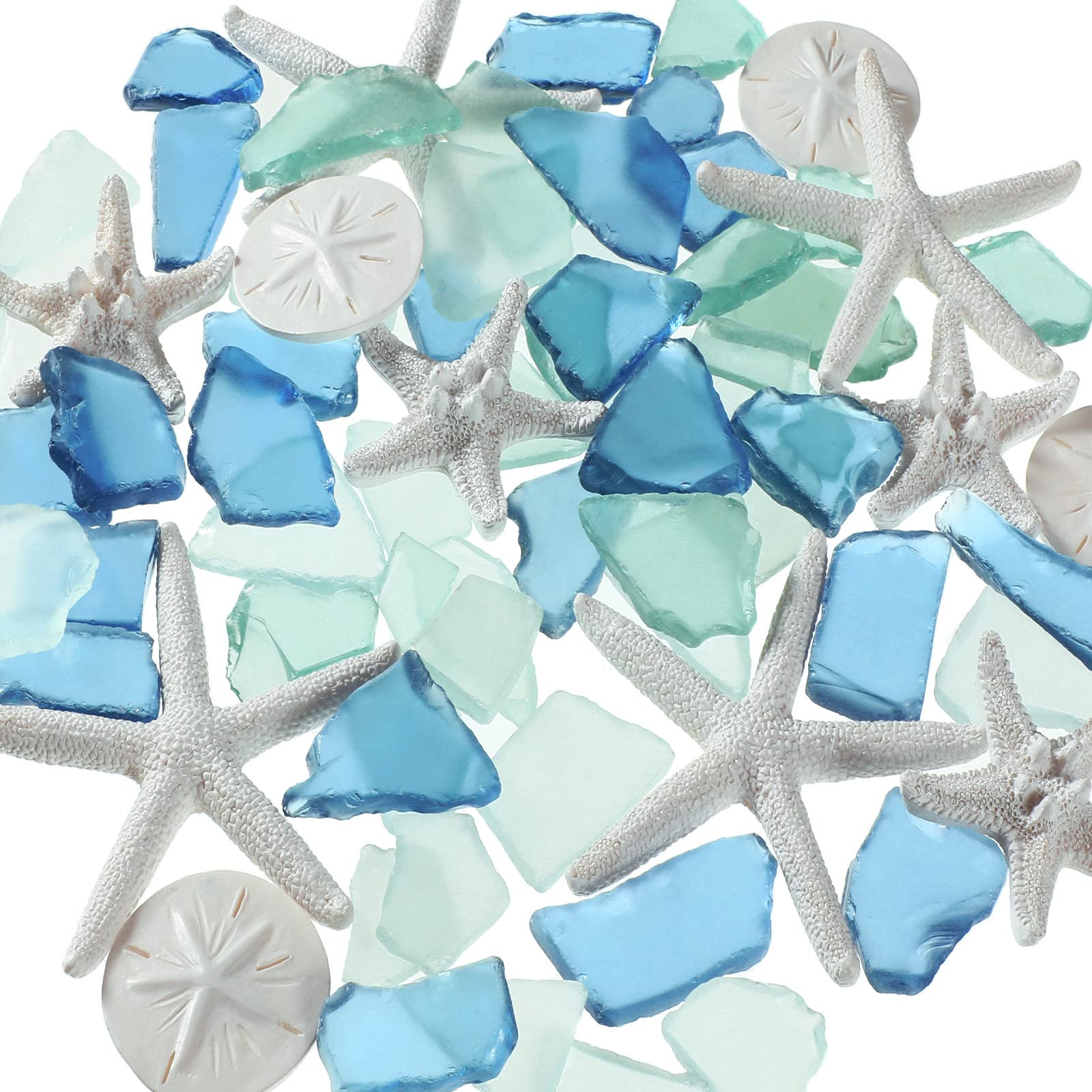 Photo 1 of 5.3 oz Sea Glass Decor for Crafts Frosted Blue Seaglass Pieces and 12 Pcs Resin Assorted Starfish Sand Dollar Ornament Beach Starfish for Beach Wedding Party Decor Home DIY Craft