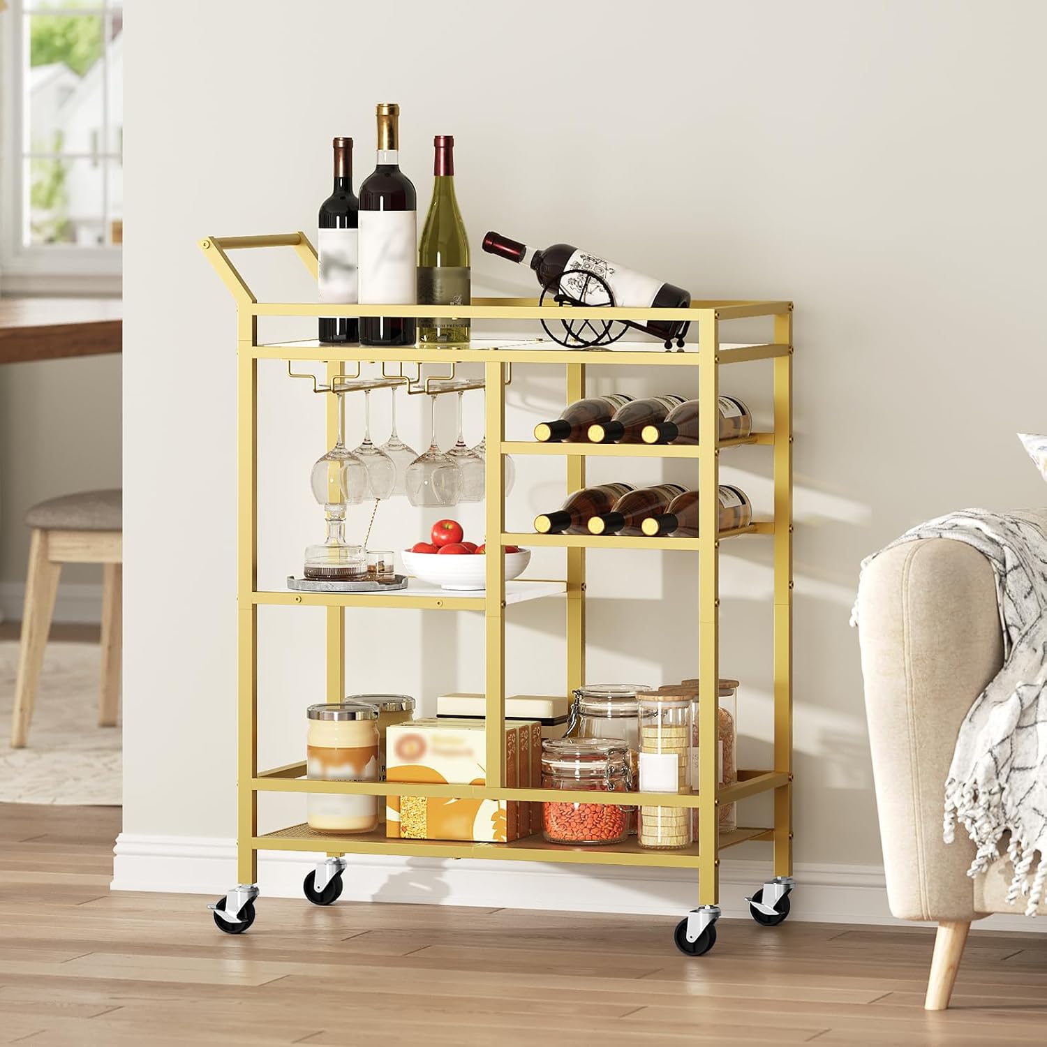 MAHANCRIS 3-tier serving cart with a glass top shelf in a styled room beside a chair and curtain