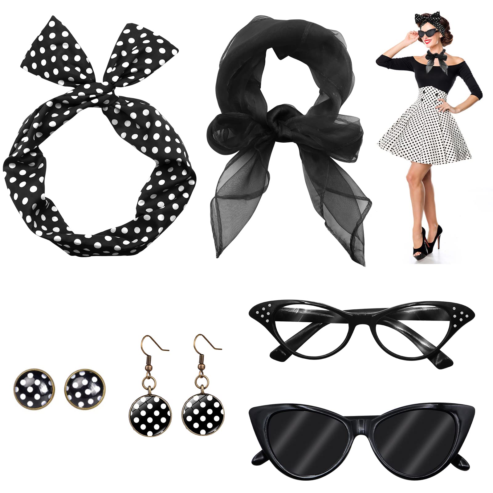 VEGCOO 6 PCS 50s Fancy Dress Costume for Women, Retro 1950s Costume Accessories, Grease Fancy Dress for Women Girl Ladies, Polka Dot Bandana Scarf Eyeglasses Earrings (BLACK)