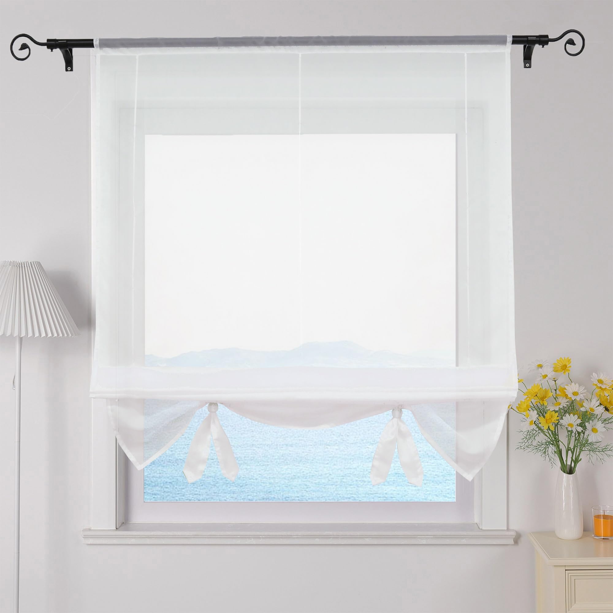 ESLIR Roman Blind Living Room Roman Blind Drawstring Curtains Kitchen Transparent Ribbon Roller Blind Curtains Modern Voile White W x H 100 x 155 cm Pack of 1