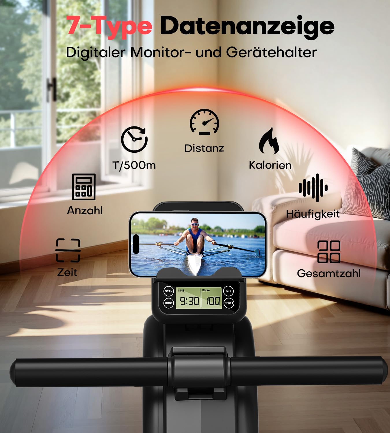 MOSUNY Rudergerät für Zuhause, Magnetisches Rudergerät mit 16 Widerstandsstufen,Upgrade Doppel-Slide-Rails Ultraleise, App-Kompatibel LCD-Datenanzeige, Belastbar bis160kg Rowing