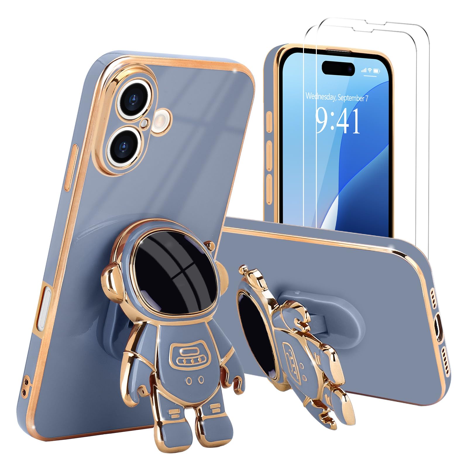Pepmune for iPhone 16 Plus Case, Cute 3D Astronaut Stand with [2 Screen Protector] [Camera Protection] Kickstand Shockproof Bling Silicone Soft Back Cover for Apple iPhone 16 Plus Phone Case, Blue