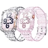 ANCOOL Compatible with Apple Watch Clear Band 45mm 44mm 42mm for Women Men, Crystal Bands with Bumper Case for iWatch Series 9 8 7 SE 6 5 4 3 2 1, Glitter Clear+Glitter Pink