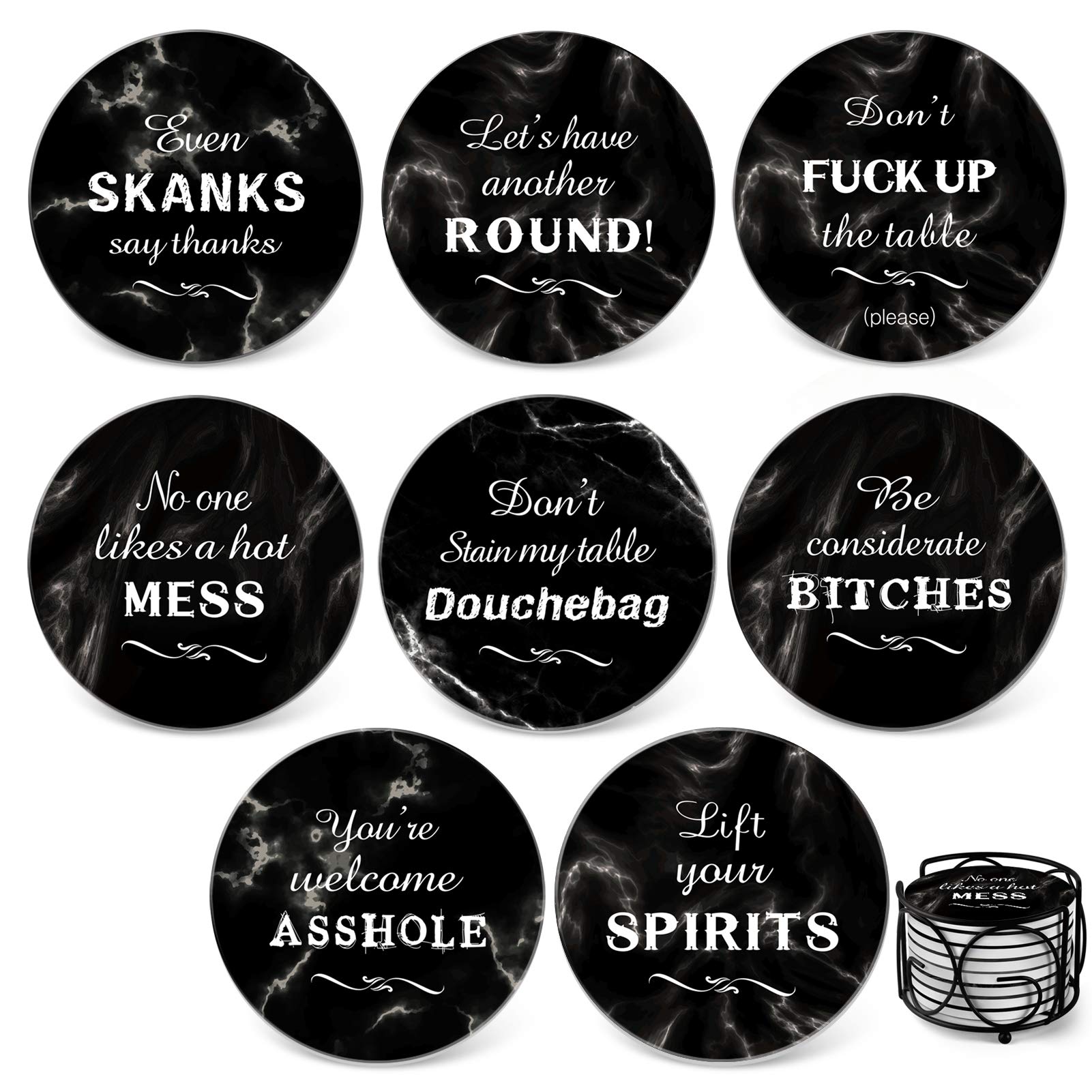 Teivio 8 Piece Coaster for Drinks Absorbing Stone Coasters Set Cork Base, Metal Holder, Marble Funny Style, Birthday Housewarming Gifts, Apartment Kitchen Room Bar Décor (Black)