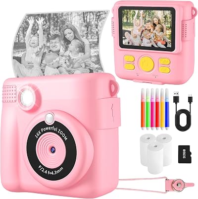 YKSLEMON Instant Print Camera for Kids 1080P 32G SD Card Pink 3 Print Rolls