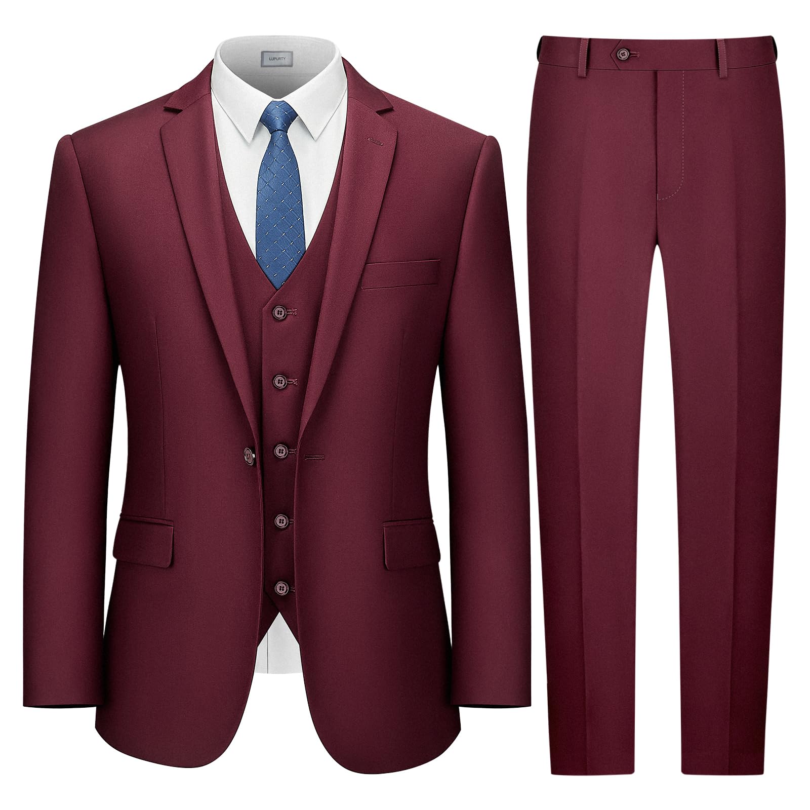 Photo 1 of LUPURTY Suits for Men, 3 Piece Men's Suit Slim Fit, Solid Jacket Vest Pants with Tie, One Button Tuxedo Set for Business, Wedding, Burgundy 2XL