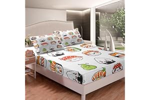 FEELYOU Sushi Pattern Bedding Set Twin Size Cute Bed Set for Girls Teens Bedroom Decor Kids Cartoon Japanese Style Fitted Sheet Soft Microfiber Kawaii Bed Cover (1 Fitted Sheet + 1 Pillow Case)