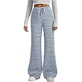 Floerns Women's Striped Wide Leg Long Pants Elastic High Waist Tie Front Casual Trousers
