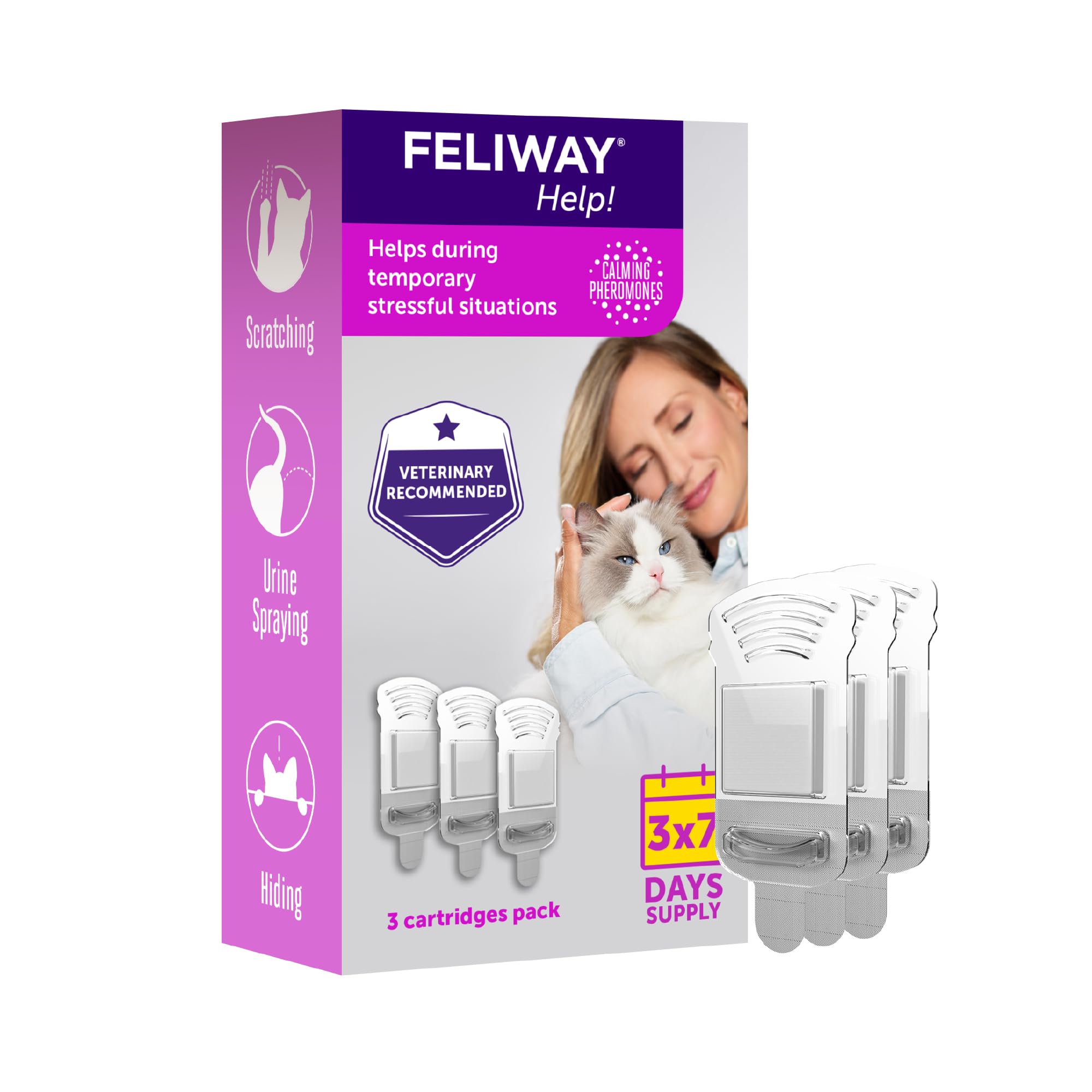 FELIWAY Help! 3x7 Day Cat Calming Odourless Refills for Pheromone Diffuser, 3 Cartridges - Helps Calm your Cat Everyday or During Stressful Events, Veterinary Recommended, Drug-free, Clinically Proven