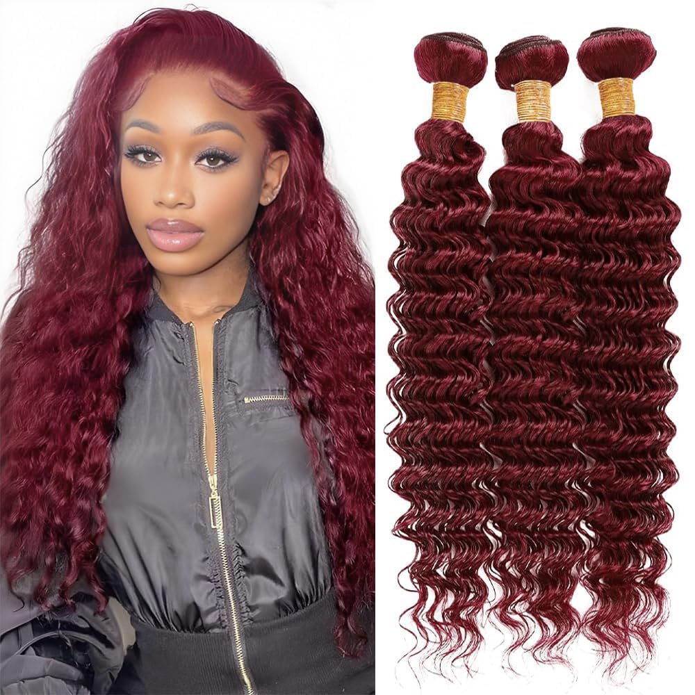 Photo 1 of #99J Human Hair Bundles Deep Wave 16 18 20 Inch Burgundy Bundles Human Hair Wine Red Color Unprocessed Native Virgin Hair 100/PC 3 Hair Extensions for Women