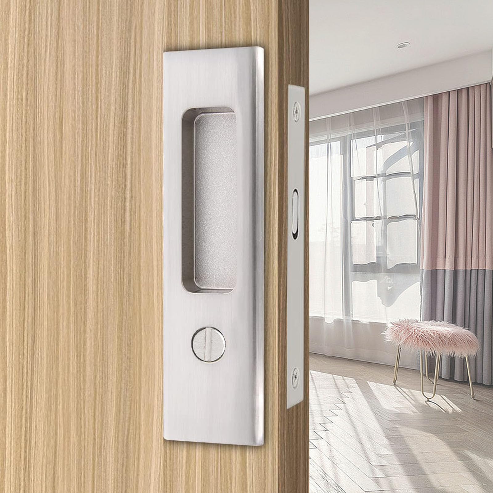 betensh Pocket Door Handle Keyless Door Lock Set Invisible Sliding Door Handle160mm Silver