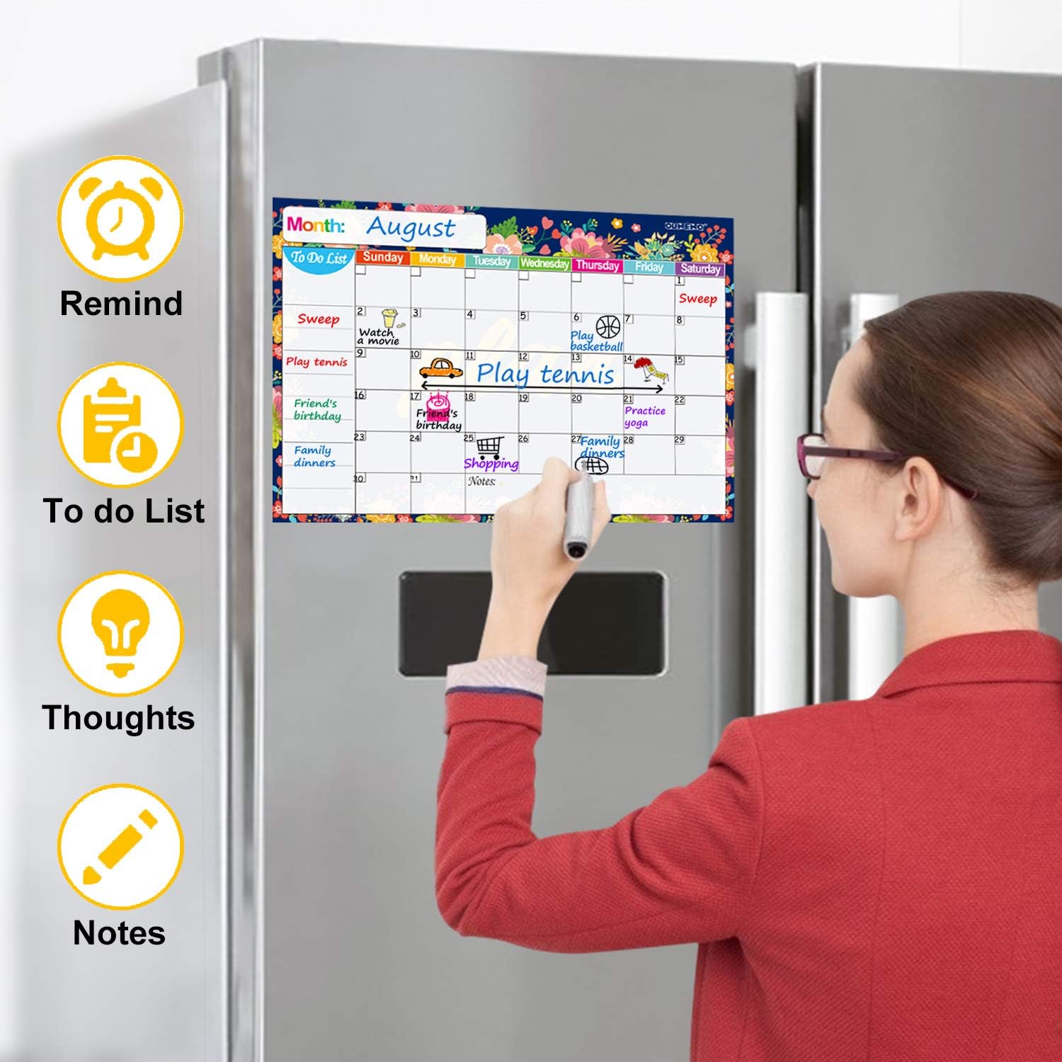 OUNENO Floral Magnetic Dry Erase Calendar to Do List for Refrigerator, 17.5 x 12 inches Large Magnet Reminder White Board for Kitchen Fridge Wall : Office Products