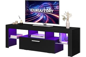 Clikuutory Black LED TV Stand with Large Storage Drawer for 32 40 50 55 Inch TVs, Modern TV Console Table with Entertainment Center for Living Room, Bedroom, Black