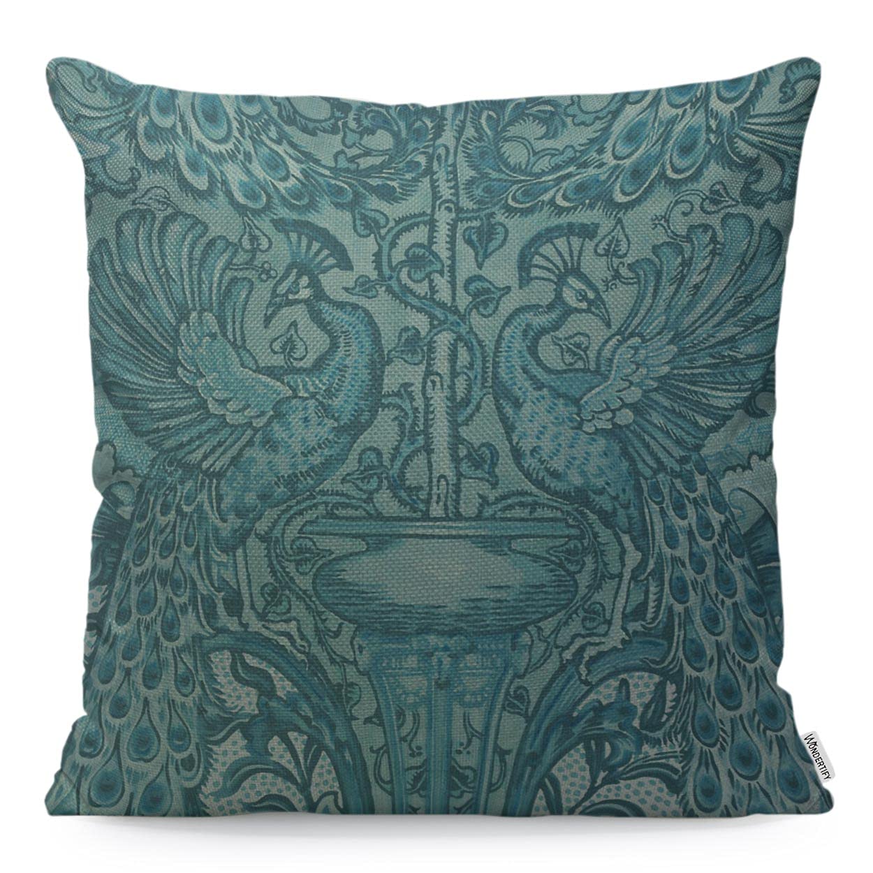 WONDERTIFY Peacock Cushion Cover Mascot Animal Totem Victorian Flowers Lucky Decorative Throw Pillow Covers For Couch, Bed Sofa Pillows Case Teal Blue 45X45 Cm