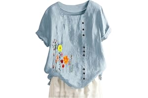 KICILVS Womens Summer Tops Casual Cotton Linen T-Shirts Short Sleeve Round Neck Shirt Oversized Floral Graphic Tees