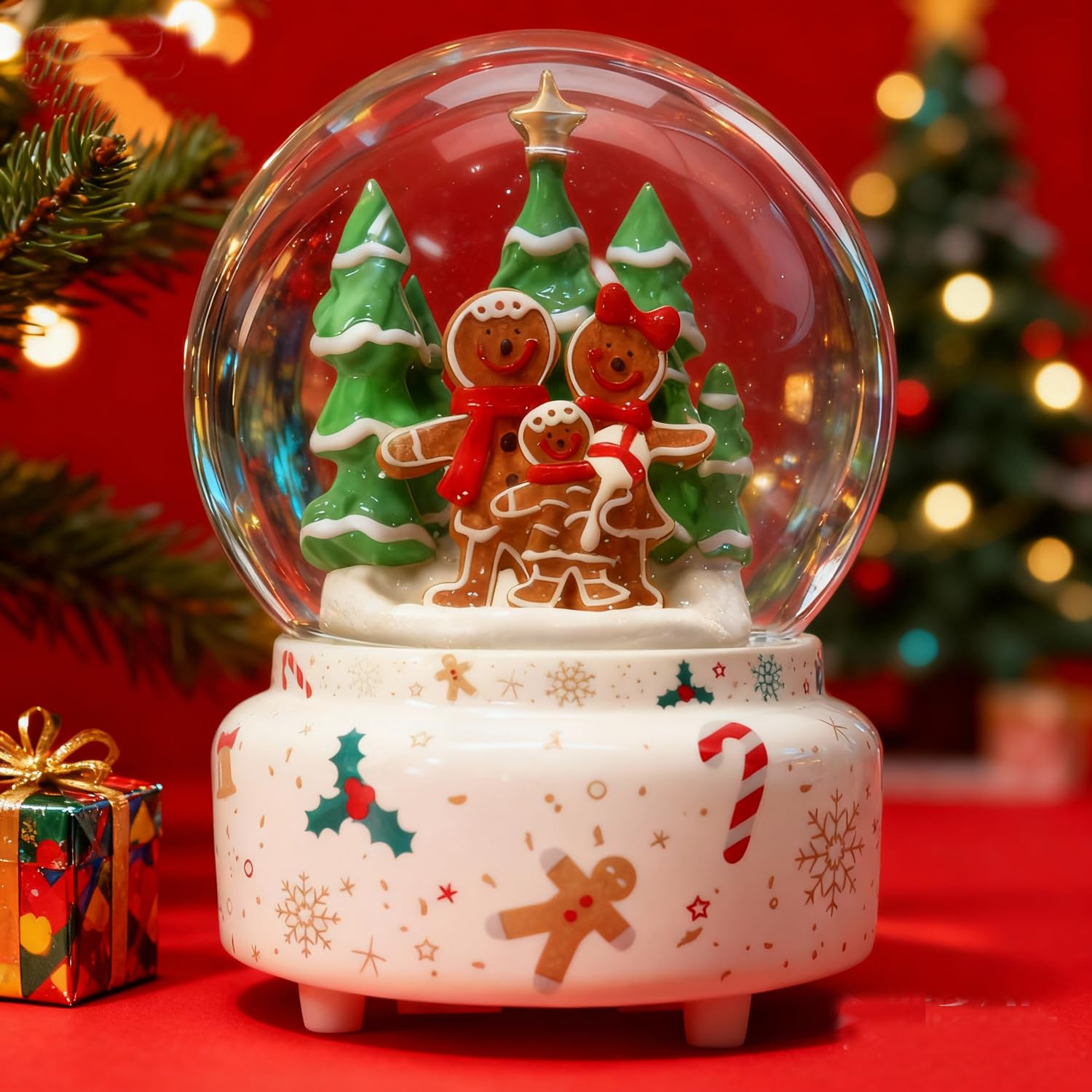GIYBIGM 6.5Inch Height Christmas Snow Globe with Gingerbread Man House on Ceramic Base LED Light Musical Snowflakes Holiday Decoration, Holiday Home Decor, Large Water Globe.