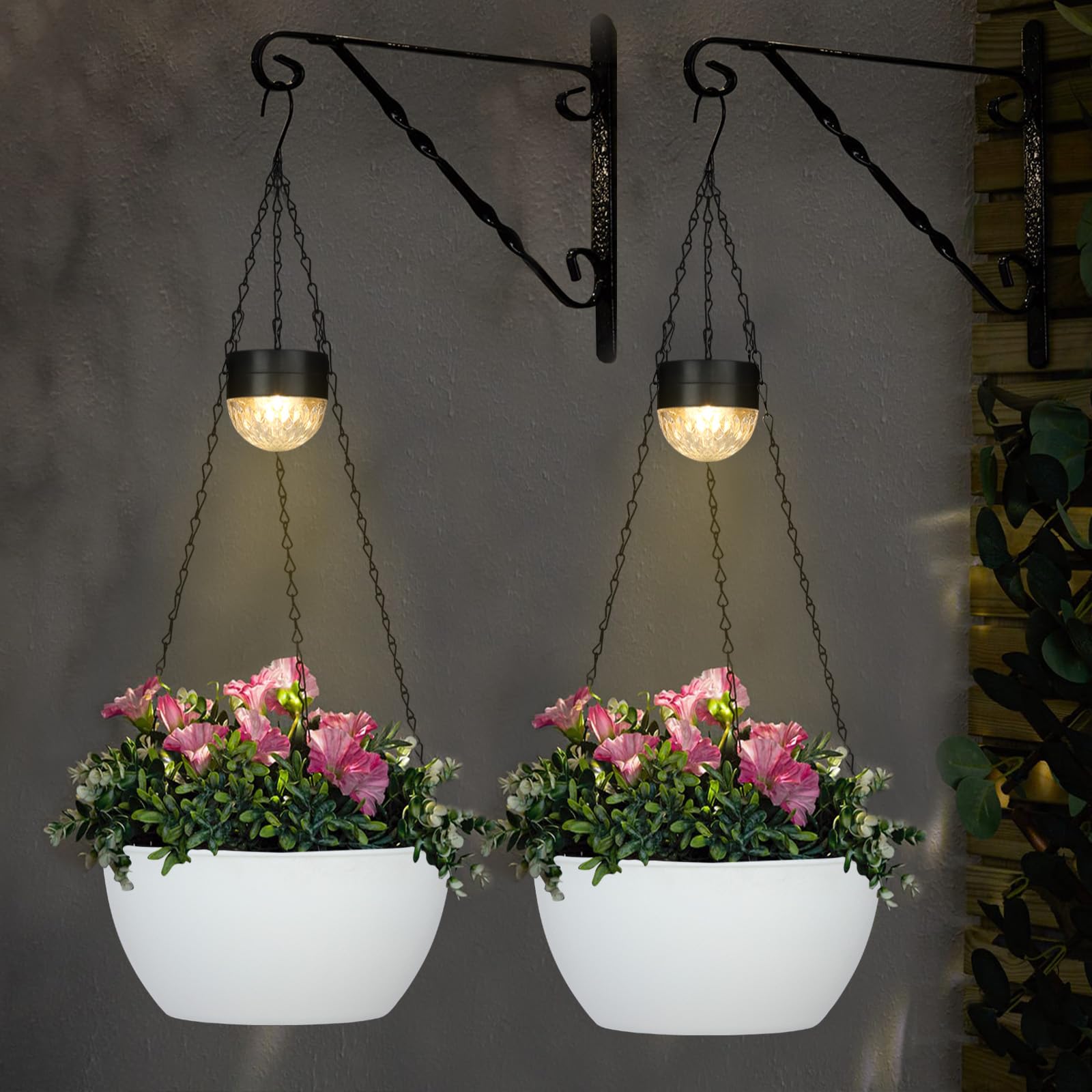 Photo 1 of 2 Packs Hanging Planters Basket for Outdoor Plants, Solar Powered Self Watering White Round Plastic Flower Pots with Drainer for Balcony Patio Garden Outdoor Decoration