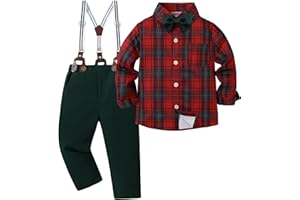 YALLET Toddler Boy Clothes Suit, Formal Dress Shirt with Bowtie+Suspender Pants Boy Gentleman Wedding Outfits 2-10 Years