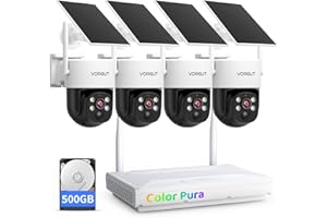 VORGUT Solar Security Camera System Wireless Outdoor, 4pcs 2K Solar Powered Home Security Cameras, Full Color Night Vision, 360° Pan Tilt, Human Detection, 2.4G/5G WiFi 10CH NVR with 500G HDD
