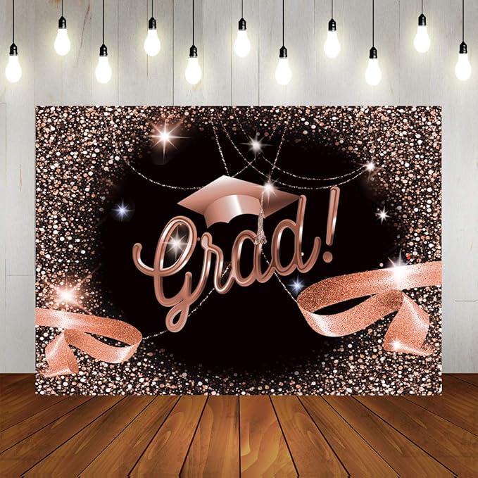 Congrats Graduation Backdrop Black and Pink Rose Gold Grad