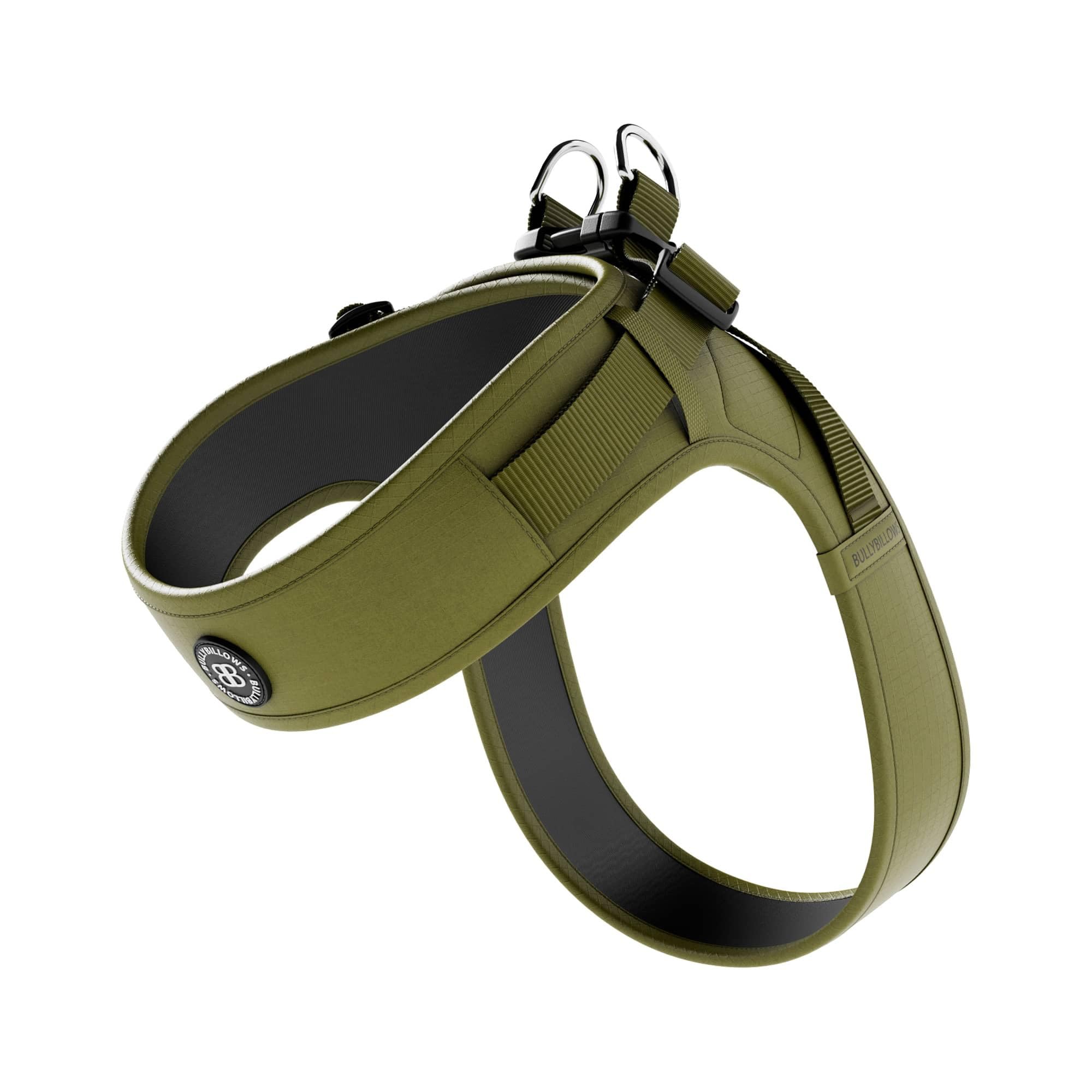 BullyBillows Boomerang Harness | Non-Restrictive Lightweight Dog Harness | Simple To Take Slip On & Off | Premium Quality Dog Harness With Hook and Loop Strap | Olive Green XSmall