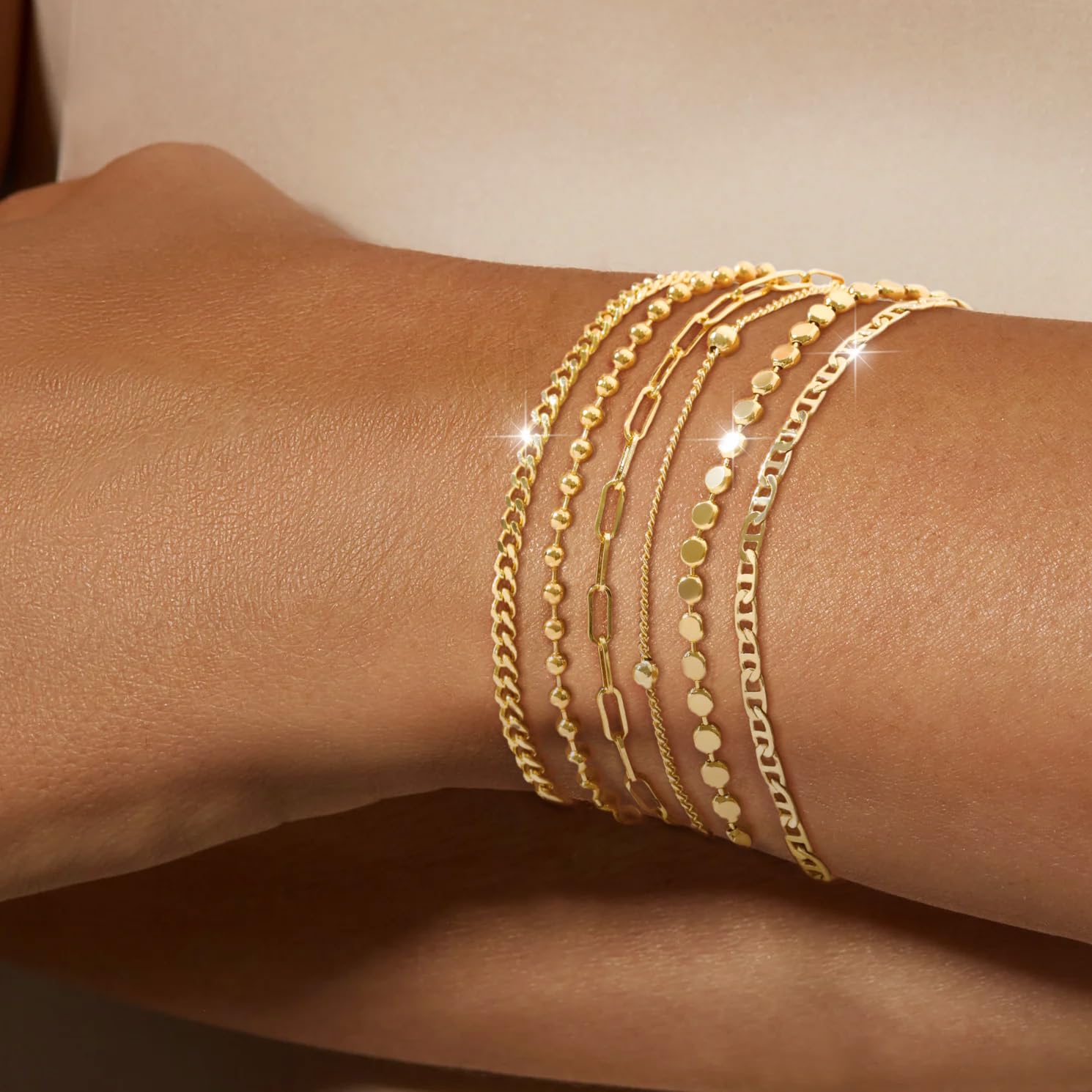 JECOMY Dainty 14K Gold Bracelets for Women - Waterproof Stackable Gold Bracelet Set - Perfect for Stylish Women