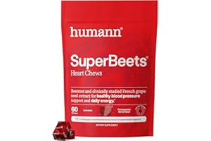 Humann SuperBeets Heart Chews, Nitric Oxide and Blood Pressure Support, Grape Seed Extract & Non-GMO Beet Root Powder Energy Supplement, Pomegranate Berry Flavor, 60 Count