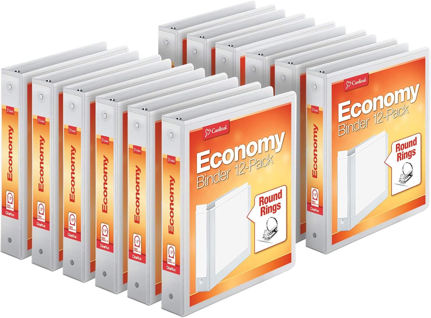 Cardinal Economy 3-Ring Binders, 1.5", Round Rings, Holds 350 Sheets, ClearVue Presentation View, Non-Stick, White, Carton of 12 (90631): Office Products