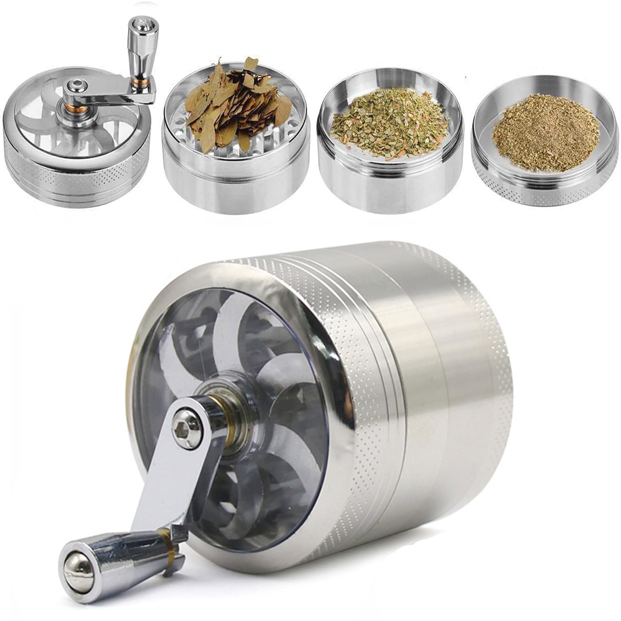 XUBX Grinder Crusher, 4-Layer Pollen Scraper Grinder with Hand Crank, Zinc Alloy Shredder for Dried Spices, Herbs, Ø55mm Mini-Scraper Clear Top Abrader Spices Grind Manual Muller (Silver)