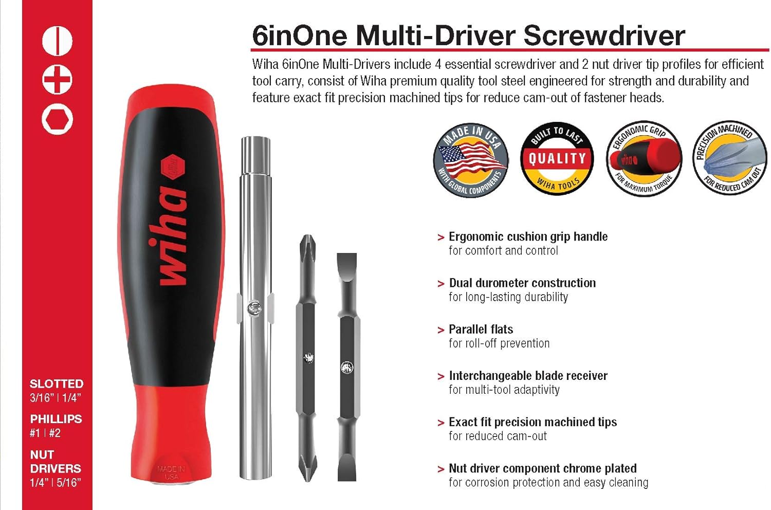 Wiha 77890 | 6 in 1 Screwdriver Nut Driver USA Made SoftFinish 6inOne MultiDriver: Industrial & Scientific